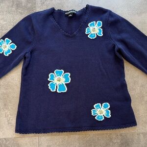 Monterey Bay Navy V-Neck Sweater with Blue Floral Accents